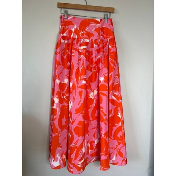 NEW Monique Lhuillier Taffeta Lined Zip Closure Floral Midi Skirt Orange Size: 4 - Picture 6 of 8